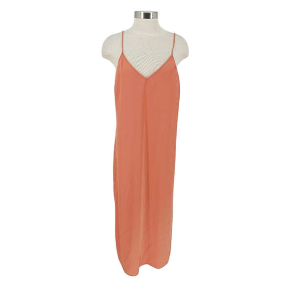 A New Day Midi Slip Dress Coral Orange Satin Sleeveless V Neck Large - Picture 1 of 8